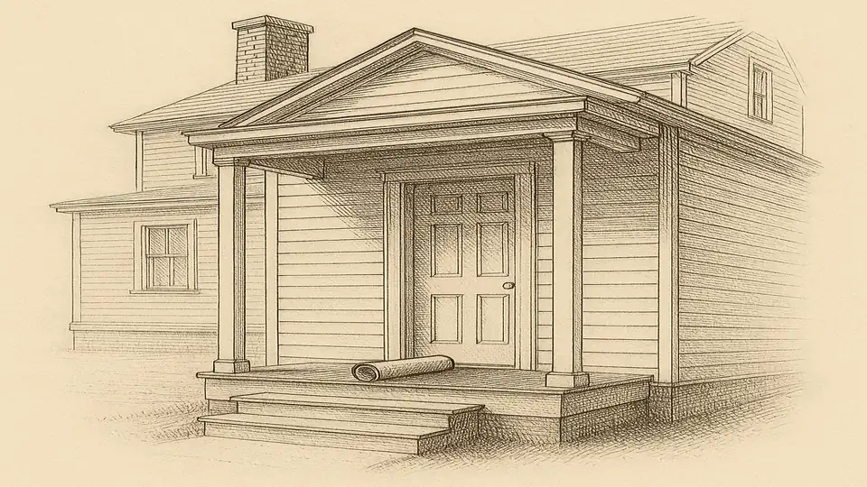 Close view of the front entrance of a two-storey wood-framed house: the panelled
                  door in its casing, the threshold below it, and a porch sill carrying a rolled
                  sheet of paper. The rest of the house is drawn in light outline.