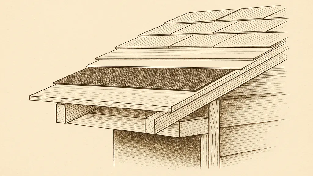 Cutaway section through the eave of a pitched roof on a two-storey wood-framed
                  house, showing from the bottom up the wood deck, a self-adhering membrane laid
                  on the deck, ordinary underlayment above and beyond it, the overlapping asphalt
                  shingle courses. The exterior wall below the roof is cut open so that the line of
                  the wall and the depth of the overhang beyond it can be read.