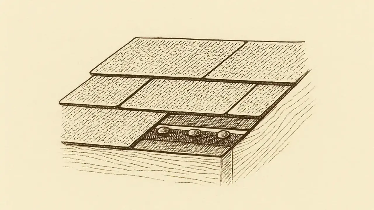 Extreme close view of four courses of asphalt strip shingles, cut open at one
                  edge so the section reads: the granule-surfaced face of each course, the head lap
                  where the course above covers the course below, the continuous factory sealant
                  strip bonding the two, and the line of nails driven through the overlap into the
                  sheathing beneath.