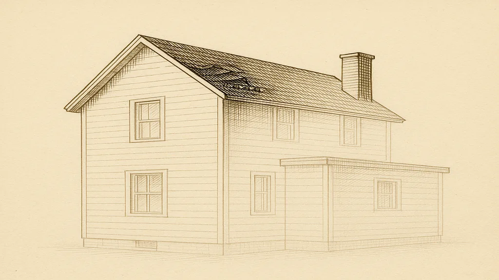 Three-quarter view of a two-storey wood-framed house with a front gable, a
                  shallow eave, a brick chimney and a one-storey flat-roofed rear extension. At
                  the rake, one course of asphalt shingles is lifted away from the courses below
                  it and a small area of tabs is missing, exposing the line of fasteners and the
                  underlayment beneath. The rest of the building is drawn as a light outline.