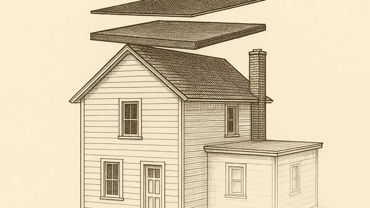 Three-quarter view of a two-storey wood-framed house with a front gable, a
                  shallow eave, a brick chimney and a one-storey flat-roofed rear extension. The
                  roof of the main house is drawn as an exploded stack: the shingle courses lift
                  clear of the underlayment, the underlayment clear of the self-adhering ice
                  barrier at the eave, and that clear of the wood deck boards on the rafters, each
                  layer separated by an open gap.