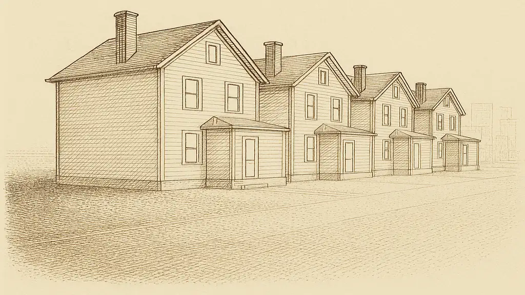 A run of five attached two-storey wood-framed houses seen three-quarters from
                  the front left, each with a front gable to the street, a shallow eave, a
                  one-storey flat-roofed rear extension and party-wall parapets rising between the
                  bays. The ground plane continues to an empty flat horizon on one side of the run
                  and into further blocks of built form on the other.